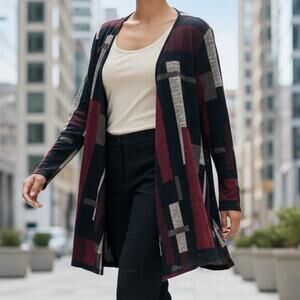 SJS Open Cardigan Plus size 2X Geometric print - red black white gray NWT